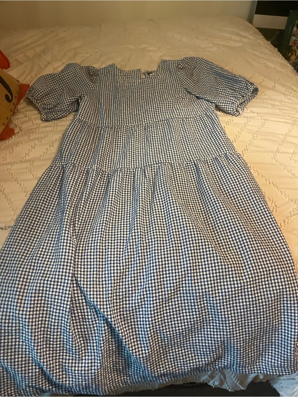 Old Navy Blue Gingham Tiered Puff-Sleeve Dress